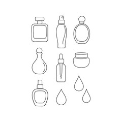 Collection of hand drawn skincare and cosmetic product outline icons