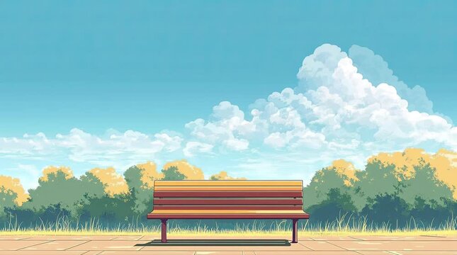 A view of a bench with a forest and beautiful clouds. 4K animated video