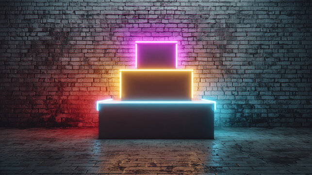 Geometric shapes illuminated in neon colors against a weathered brick wall backdrop, set on a brick surface, creating a visually striking contrast. - Powered by Adobe