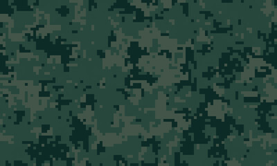 Abstract digital camouflage pattern.  Dark green pixelated texture ideal for backgrounds, website design, military themes, or fabric prints.  Conveys stealth, concealment, and strategic concepts.