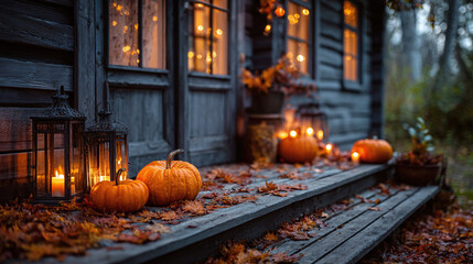 Obraz premium A cozy autumn scene with pumpkins and lanterns adorning a rustic porch, creating a warm and inviting ambiance for the fall season.