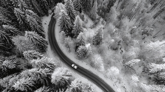 Aerial view of a winter landscape. A white car winds its way through a snow-covered road, surrounded by dense evergreen forests.