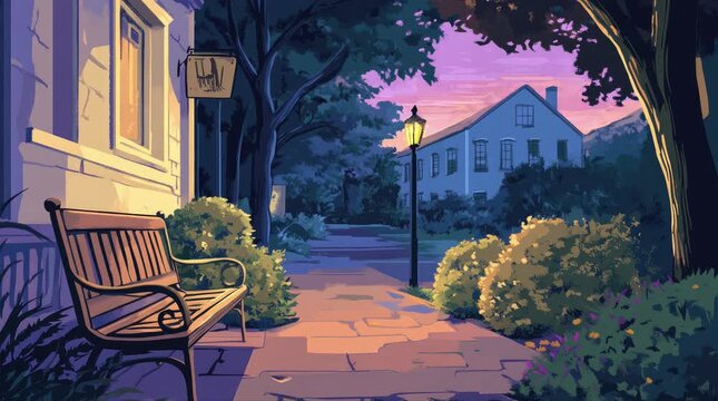 A view of a bench near buildings at dusk. 4K animated video