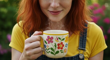 Woman with red hair holding a floral mug outdoors.