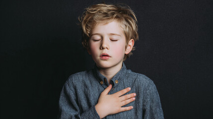 A young boy with curly blond hair is seen with his eyes closed and his hand over his heart against a plain black backdrop in a studio shot.