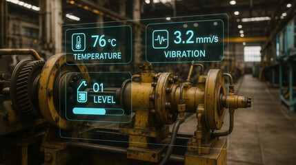 Industrial machine with temperature vibration and oil level digital sensor data inside factory predictive maintenance smart technology automation monitoring equipment and innovation concept