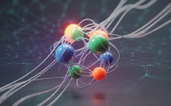 A vibrant 3D AI automation network with glowing nodes, interconnected lines, floating in space, illuminated by soft light and geometric patterns.