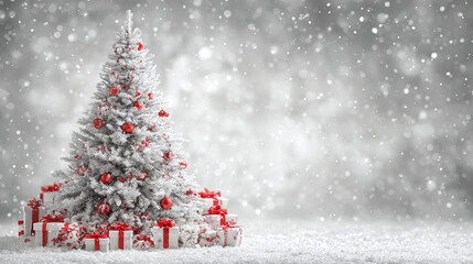 Obraz premium A frosted Christmas tree decorated with red ornaments stands amidst falling snow, surrounded by gifts wrapped in white paper and red ribbons.