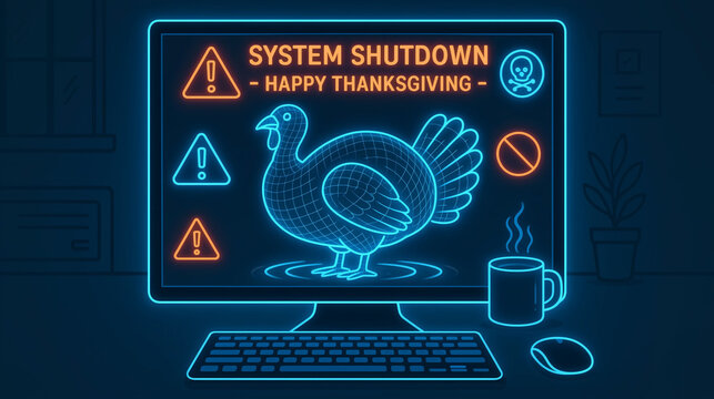 happy thanksgiving technology  concept with System shutdown message - Powered by Adobe