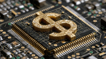 A golden dollar symbol rests atop a complex circuit board, symbolizing the digital economy and the convergence of finance and technology.