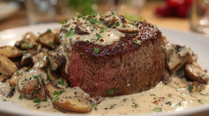 A delicious-looking steak on a white plate surrounded by mushrooms and a white sauce, garnished with parsley for a delightful dinner.