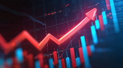 Fototapeta premium Dramatic stock market surge depicted with a vibrant red arrow pointing upward. Charts indicate growth and profitability in dynamic finance.