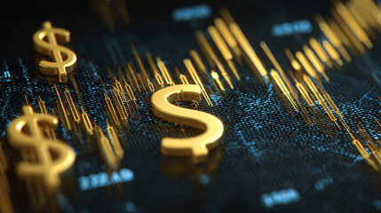 A close-up of golden dollar signs overlaid on a background of stock market candle charts, symbolizing finance, investment, and economic trends.