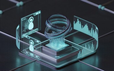 Futuristic AI control hub, glowing blue-teal data streams, orbiting virtual assistants, interactive graphs, pulsing lights, high-tech grid, automated processes visualized.