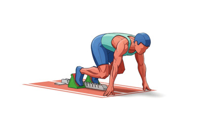 Athlete poised at starting blocks for sprint race on track.