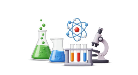 Scientific Laboratory Equipment and Atomic Model Illustration.