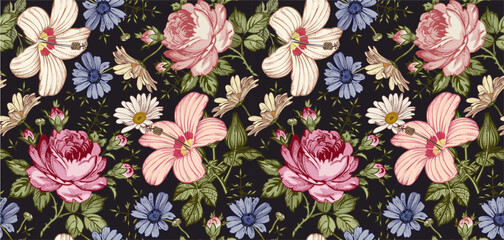 Seamless pattern. Beautiful pink blooming realistic isolated flowers. Vintage background. Set Chamomile Roses hibiscus mallow wildflowers. Wallpaper. Drawing engraving. Vector victorian Illustration