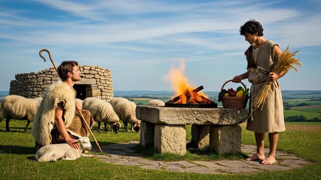 Abel, a shepherd, and Cain, a farmer, bringing their offerings to god with a burning altar and sheep grazing, bible story footage.