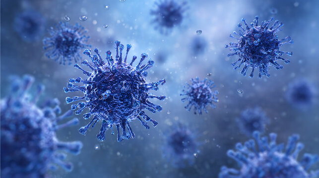 Microscopic pathogens are displayed in a digitally enhanced format.  Viruses illustrate the invisible threat of infection and disease spread.