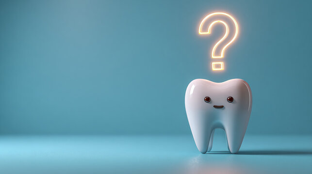 Whimsical dental care illustration with a cartoon tooth character, glowing question mark, set against a vibrant turquoise backdrop. Clean, minimal design.