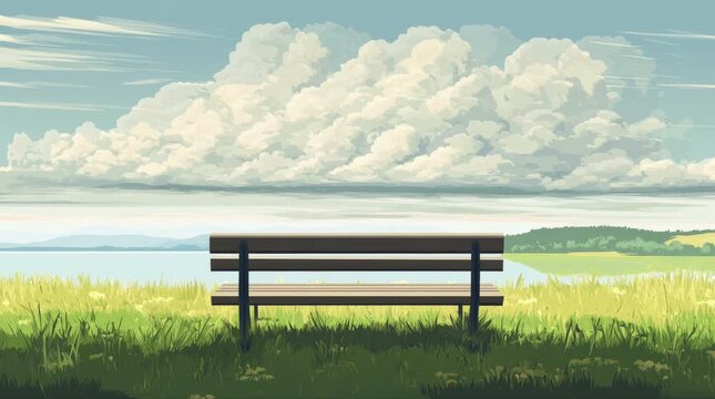A view of a bench with a natural landscape and beautiful clouds. 4K animated video
