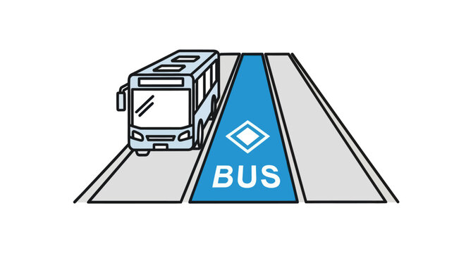White bus traveling on a dedicated blue bus lane on a road.