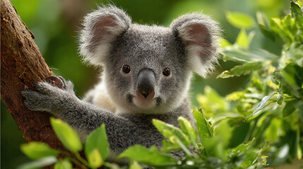 Obraz premium A sweet Koala perched high on a eucalyptus tree, looking directly at the camera, surrounded by lush greenery, making for an adorable sight.