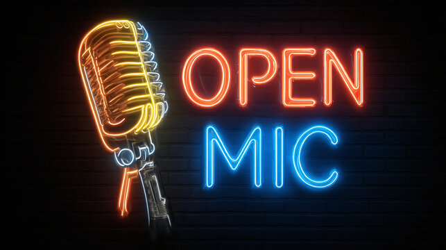 Vintage-style, glowing open mic night neon sign against a dark brick wall, perfect for inviting performers and audiences to a vibrant event.