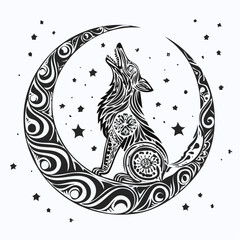 Mystical ornate wolf with intricate tribal patterns howling passionately at a crescent moon amidst a star-filled sky, a powerful spiritual animal design