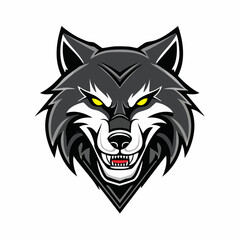 Fierce Gray Wolf Head Mascot Vector Illustration with Yellow Eyes and Bared Fangs, Symbolizing Strength, Agility, and Dominance for Sports Teams or Brand Identity