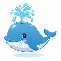 Cute Cartoon Blue Whale Spouting Water in the Ocean
