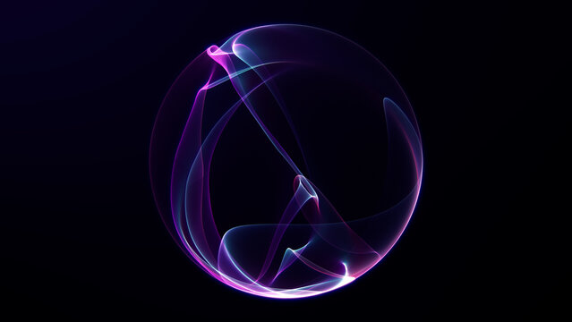 A glowing digital abstract sphere with soft violet and pink fluid curves floating in dark space. Elegant translucent light streaks form smooth and dynamic energy shape. Futuristic and modern style.