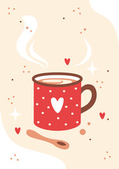Red mug with hot drink and hearts art