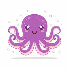 Fototapeta premium Adorable Purple Octopus Character Illustration with Bubbles