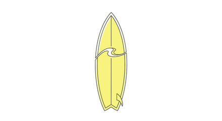 A bright yellow surfboard with a stylized wave design ready for the ocean.