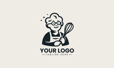 Warm and friendly grandma character holding bread and rolling pin vector bakery logo illustration design 