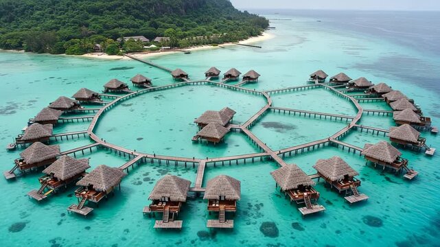 Aerial view of overwater bungalows in a tropical turquoise lagoon