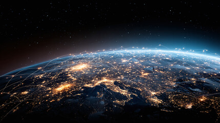 Global network of data and information shown from space, connecting cities and nations. Illustrates a futuristic network on Earth from orbit.