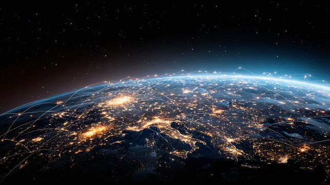 Global network of data and information shown from space, connecting cities and nations. Illustrates a futuristic network on Earth from orbit.