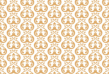 Wallpaper in the style of Baroque. White and golden floral ornament. Seamless vector background. Graphic pattern for fabric, wallpaper, packaging. Ornate Damask flower illustration