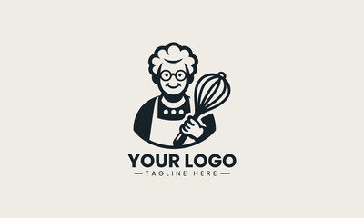 Warm and friendly grandma character holding bread and rolling pin vector bakery logo illustration design 