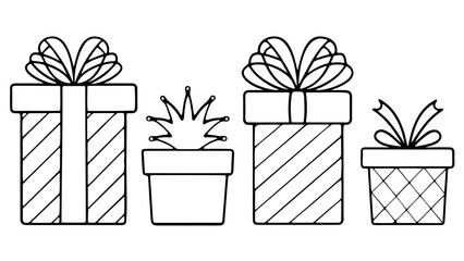 Set of four black and white outline gift boxes with striped and crosshatch patterns and bows