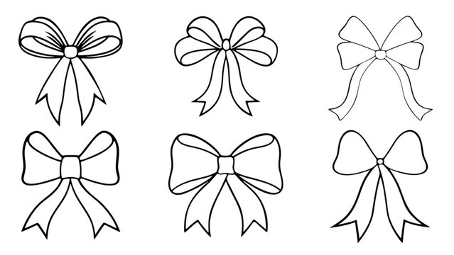 Set of six different bow outlines in a hand drawn line art style