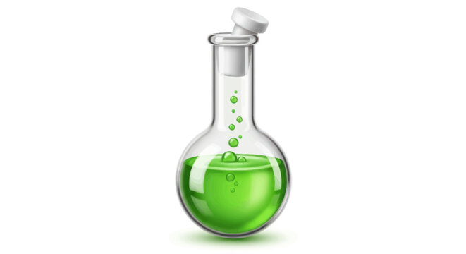 Clear glass round-bottom flask with vibrant green bubbling liquid and white stopper.
