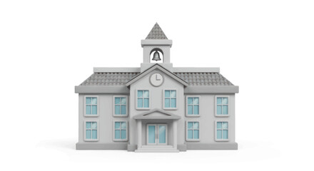 Cartoon School Building with Clock Tower and Bell Isolated.