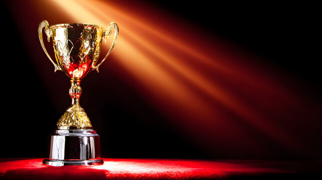 elite. A shining gold trophy on a velvet podium with dramatic spotlight. event key visuals, club posters, designed for fitness apps and gym onboarding, drives event promotion.