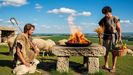 Two men, Cain and Abel, bringing offerings to God. Biblical story of brotherhood and sacrifice ritual. Genesis story. footage.