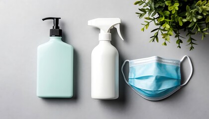 Essential sanitation items, including a hand sanitizer, spray bottle, and face mask, for daily health and cleanliness
