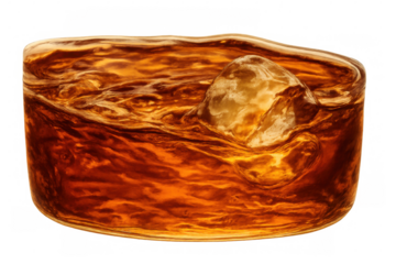 Whiskey or bourbon splash with melting ice cube creating dynamic amber liquid movement, transparent background