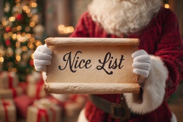 Nice List scroll held by Santa in red velvet with Christmas tree lights in the background